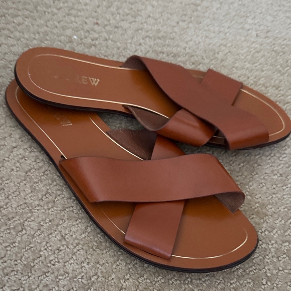 Brown Cross Strap Slide Sandals